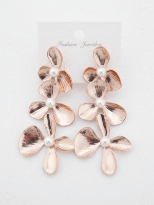 Elegant Rose Gold Floral Pearl Drop Earrings